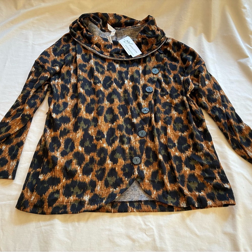 NY Collection Leopard Print Cowl Neck Top Asymmetrical Button Front XL NWT